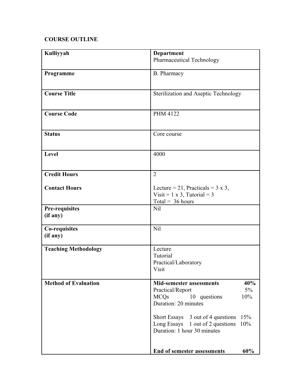 Course Outline Format