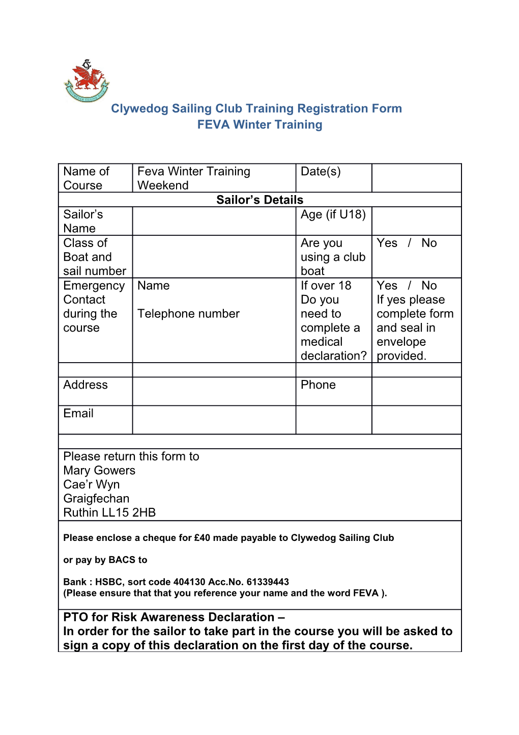 Clywedog Sailing Club Training Registration Form