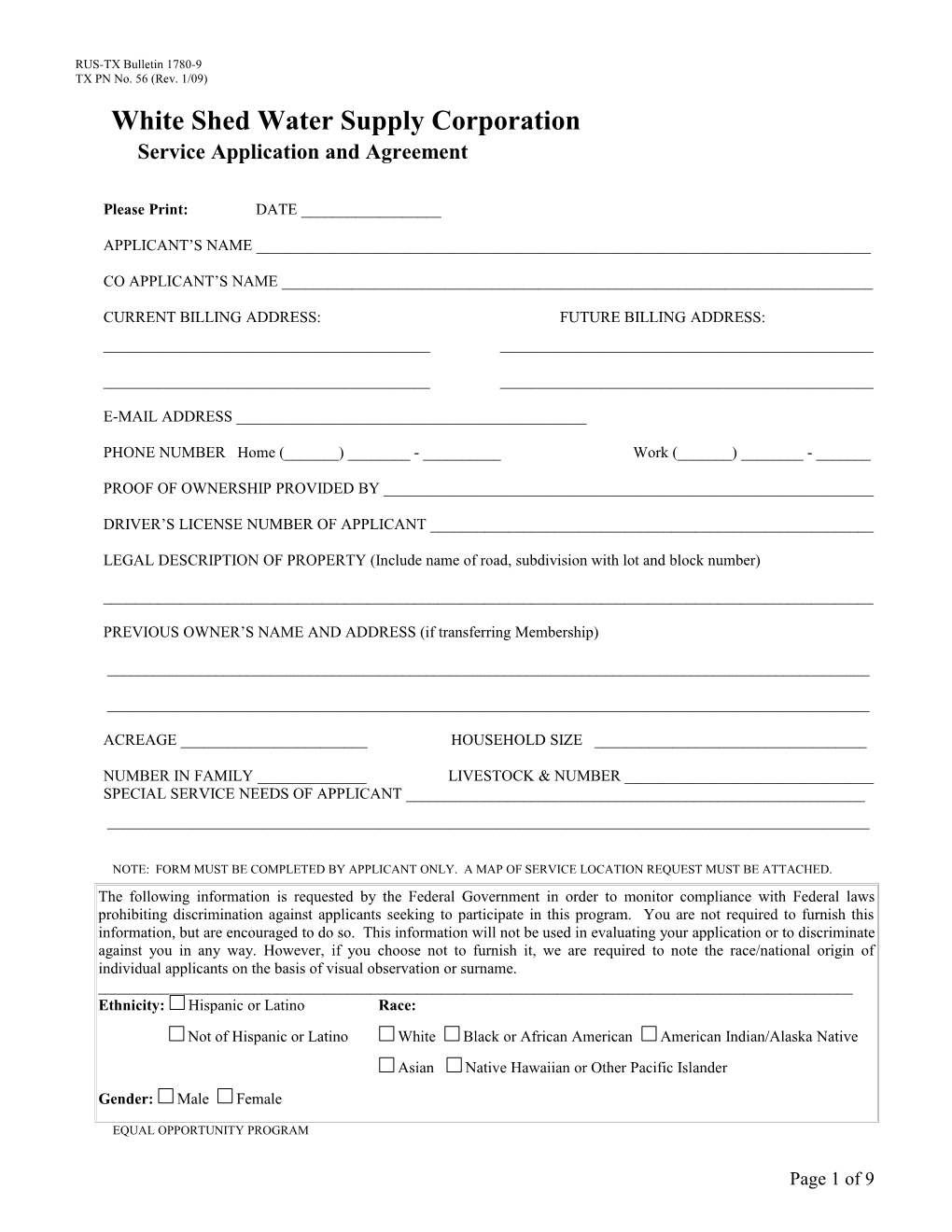 RUS-TX Bulletin 1780-9 Service Application and Agreement