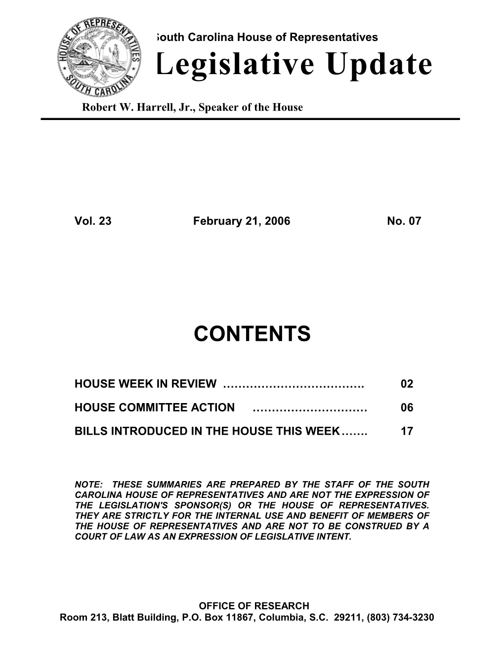 Legislative Update - Vol. 23 No. 07 February 21, 2006 - South Carolina Legislature Online