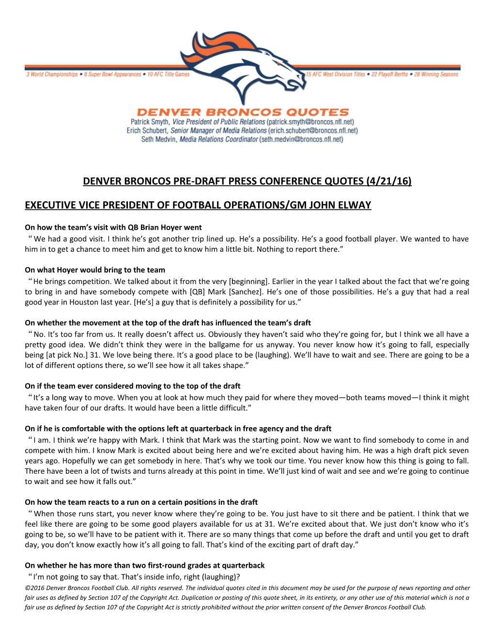 Denver Broncos Pre-Draft Press Conference Quotes (4/21/16)