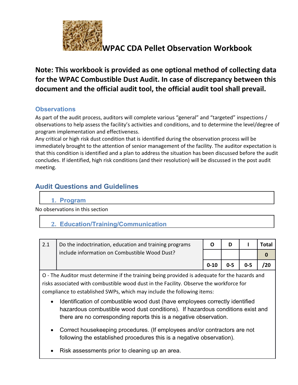 Note: This Workbook Is Provided As One Optional Method of Collecting Data for the WPAC