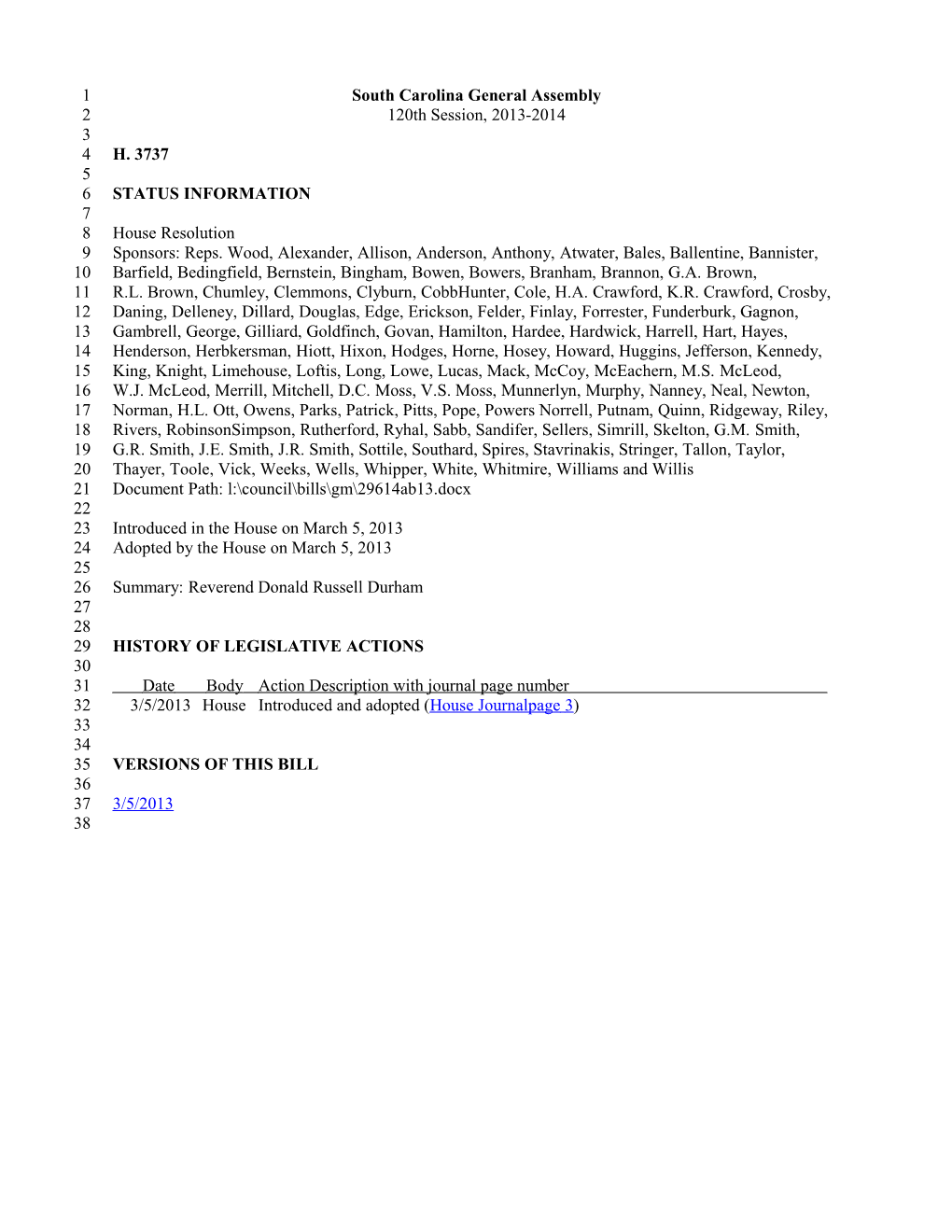 2013-2014 Bill 3737: Reverend Donald Russell Durham - South Carolina Legislature Online