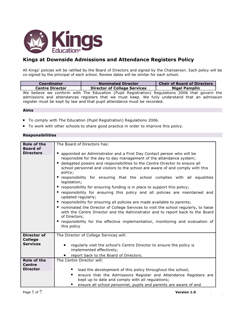 Kings at Downside Admissions and Attendance Registers Policy