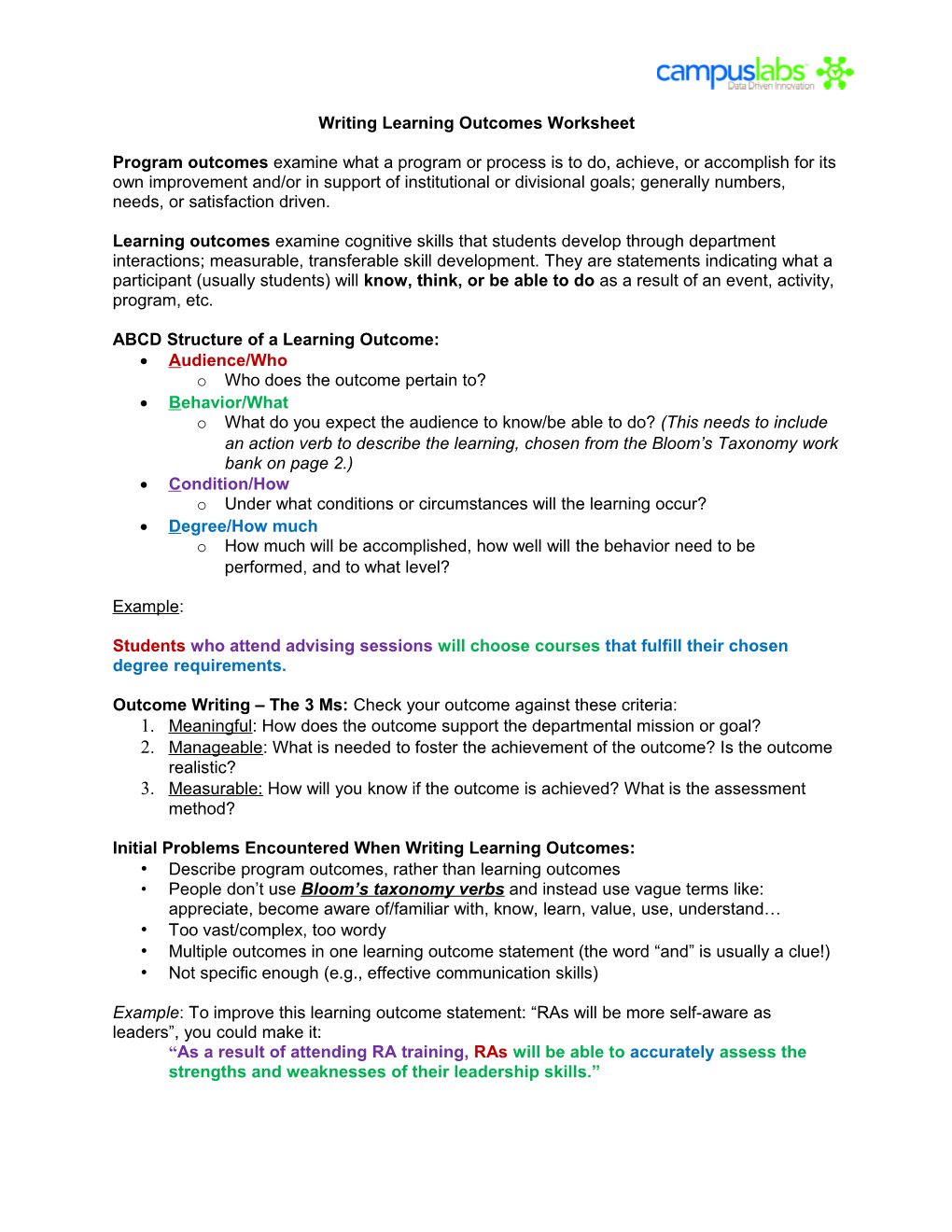 Writing Learning Outcomes Worksheet