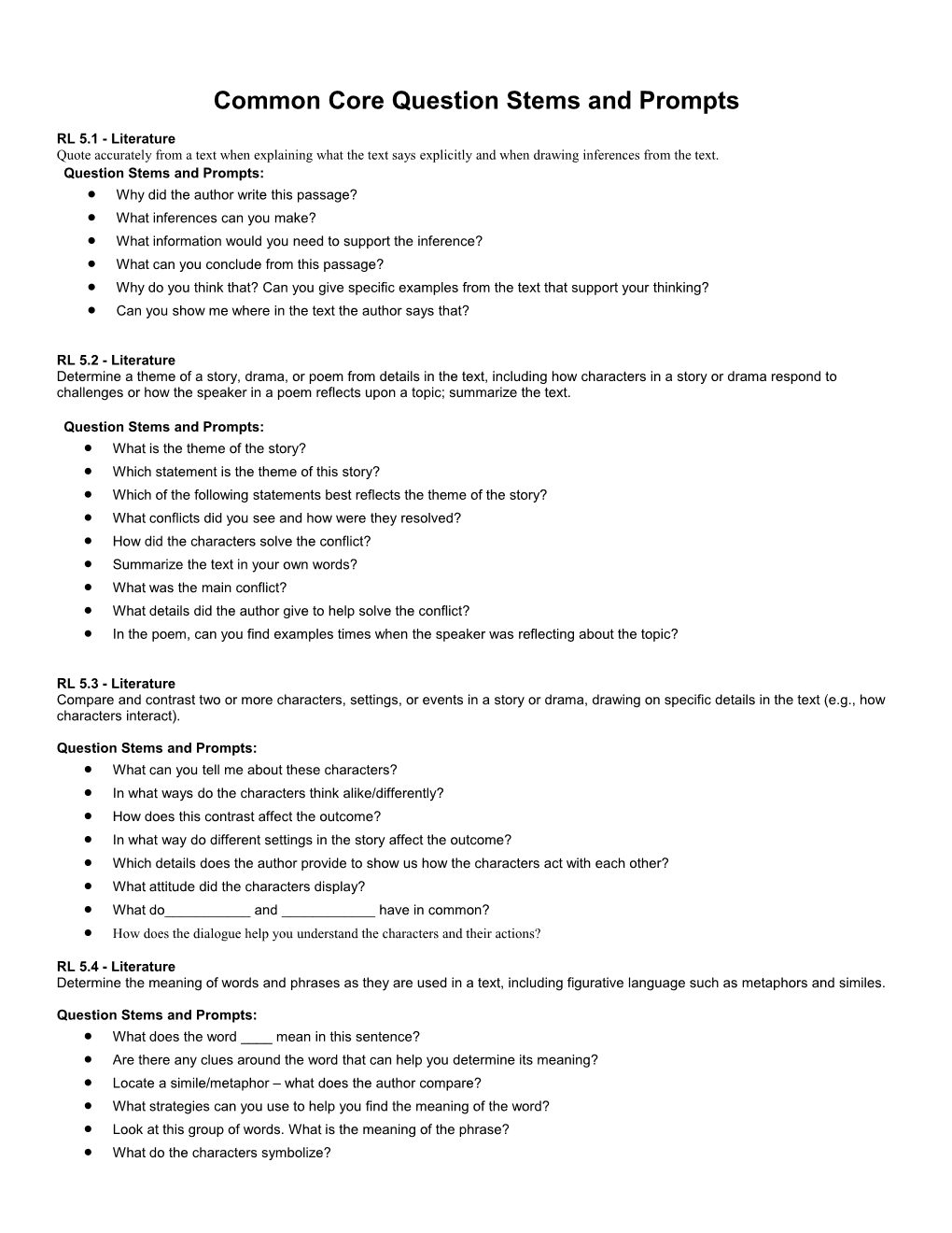 Common Core Question Stems and Prompts