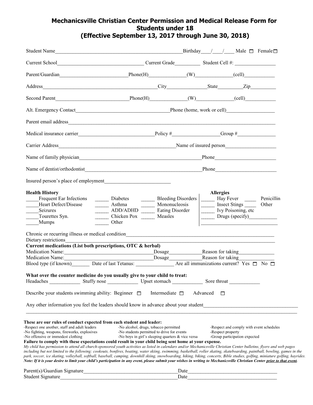 Mechanicsville Christian Center Permission and Medical Release Form For