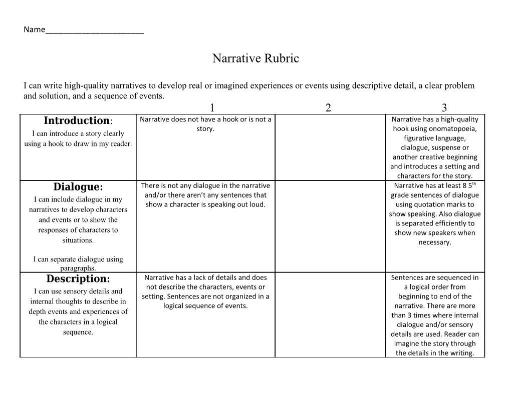 Narrative Rubric s2