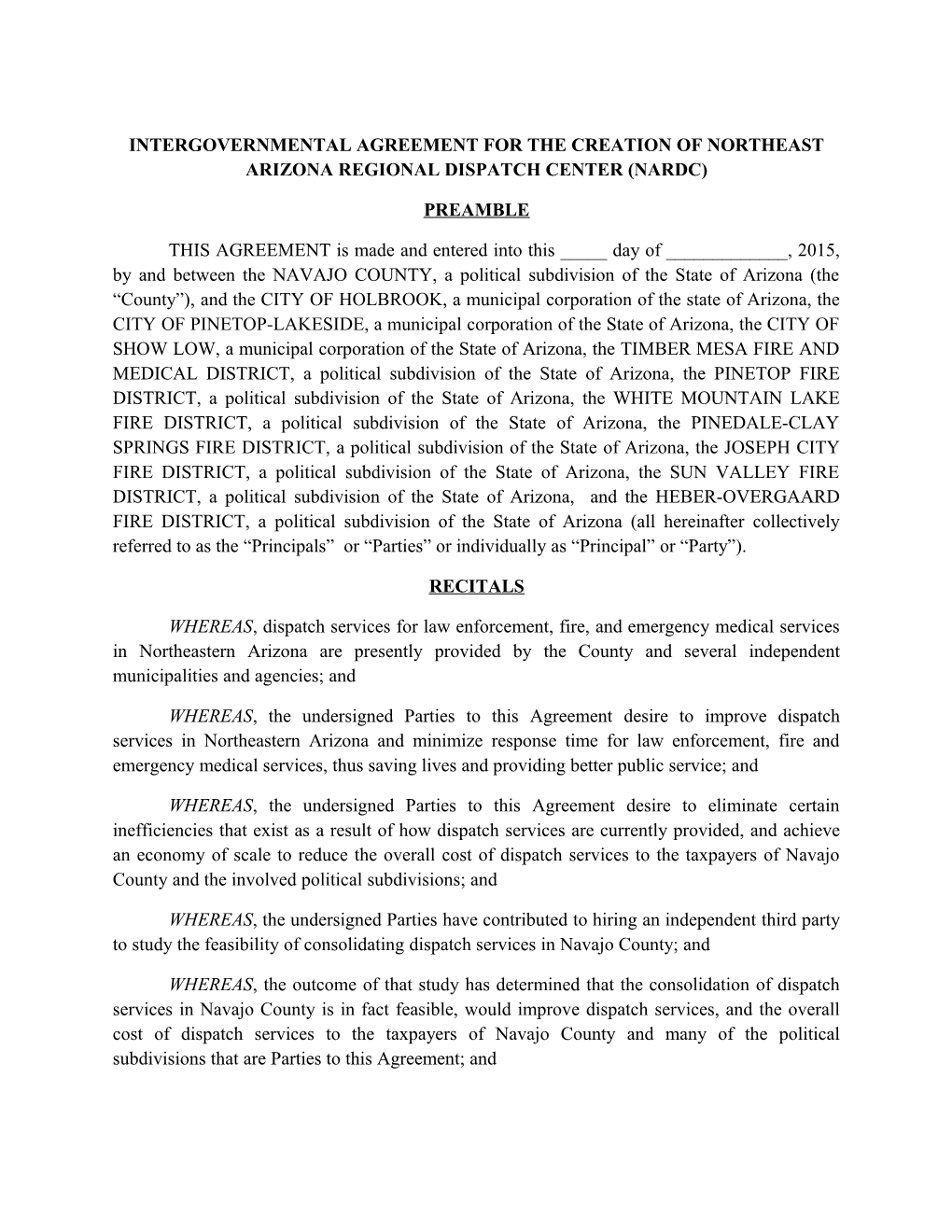 Intergovernmental Agreement for the Creation of Northeast Arizona Regional Dispatch Center