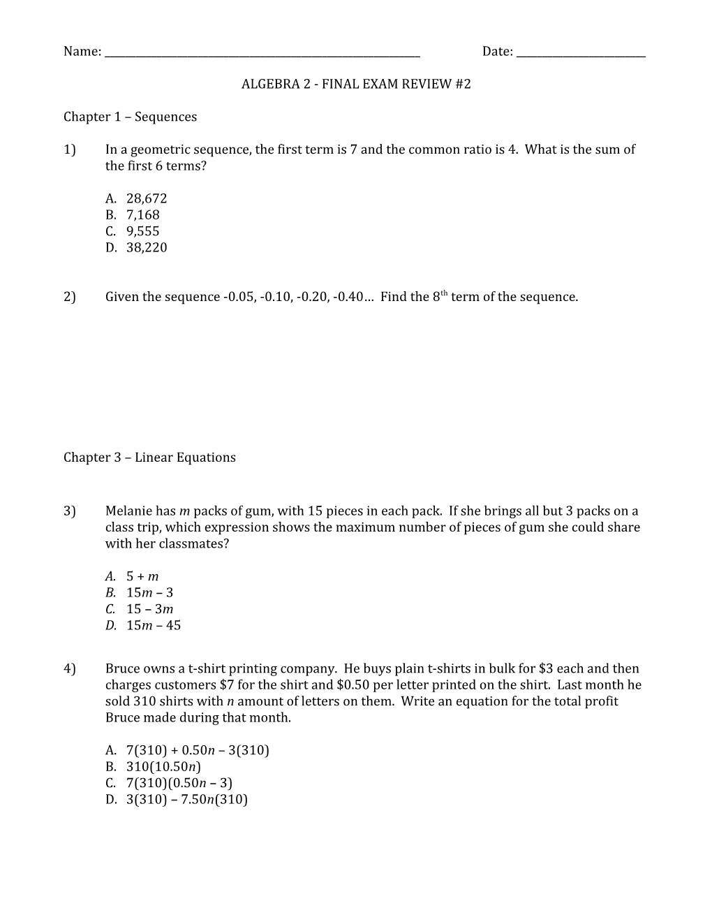 Algebra 2 - Final Exam Review #2