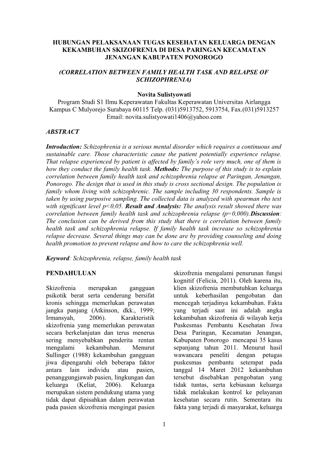 Correlation Between Family Health Task and Relapse of Schizophrenia