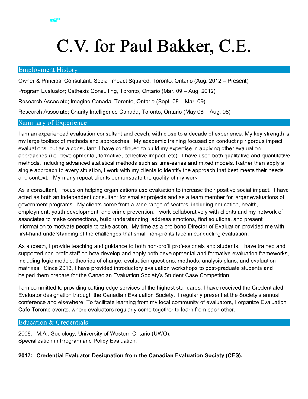 C.V. for Paul Bakker, C.E