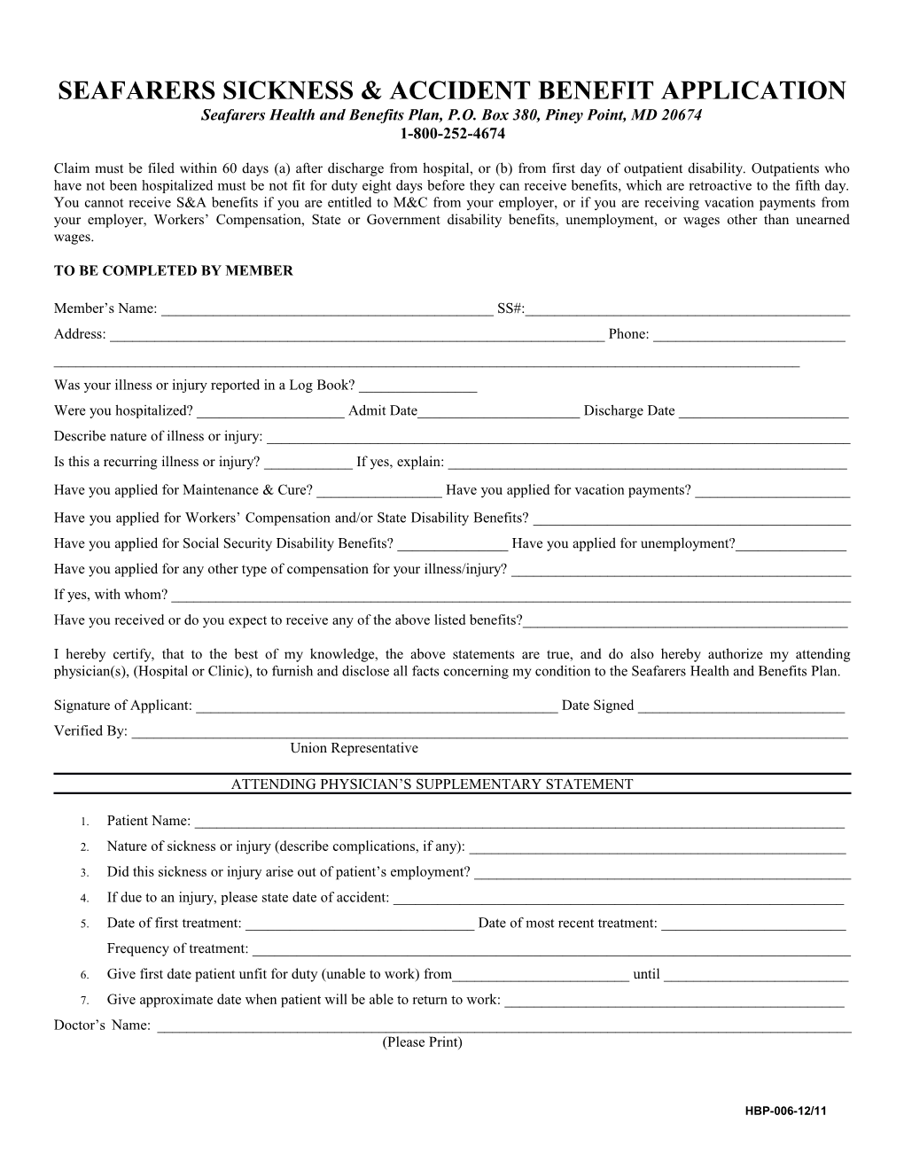 Seafarers Sickness & Accident Benefit Application