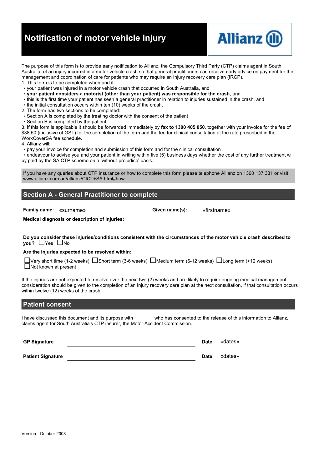 Notification of Motor Vehicle Injury