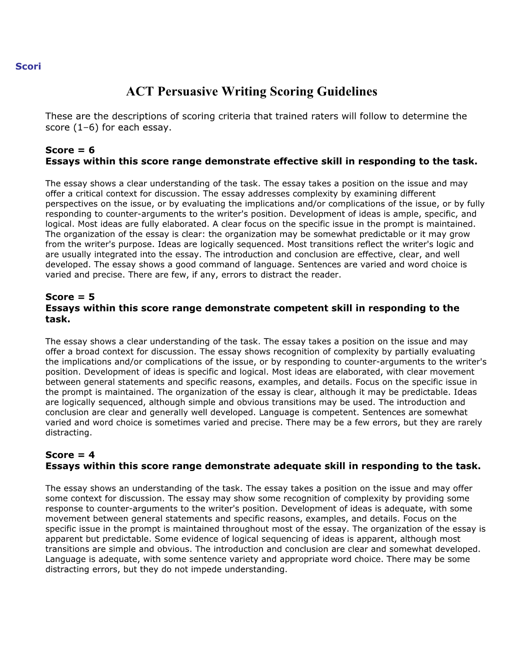 ACT Persuasive Writing Scoring Guidelines