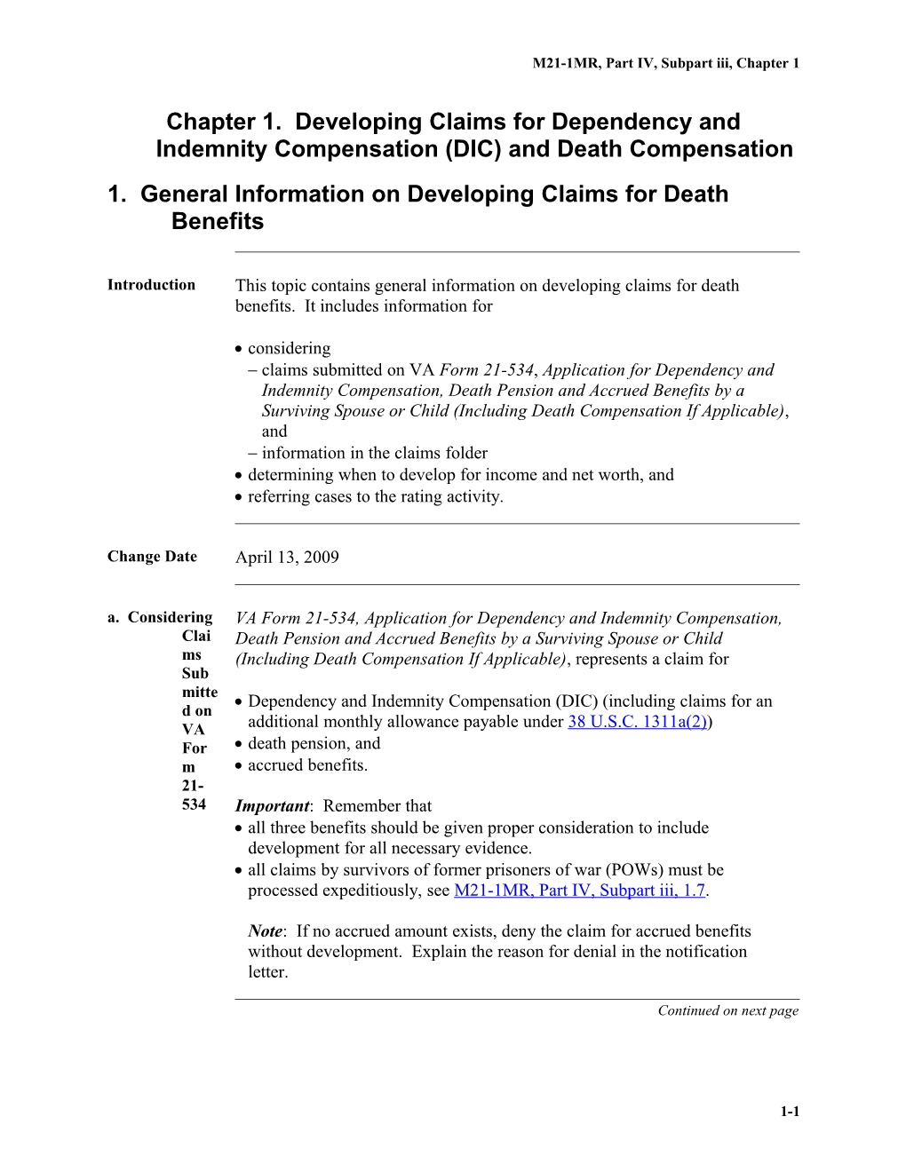 M21-1MR, Part IV, Subpart Iii, Chapter 1