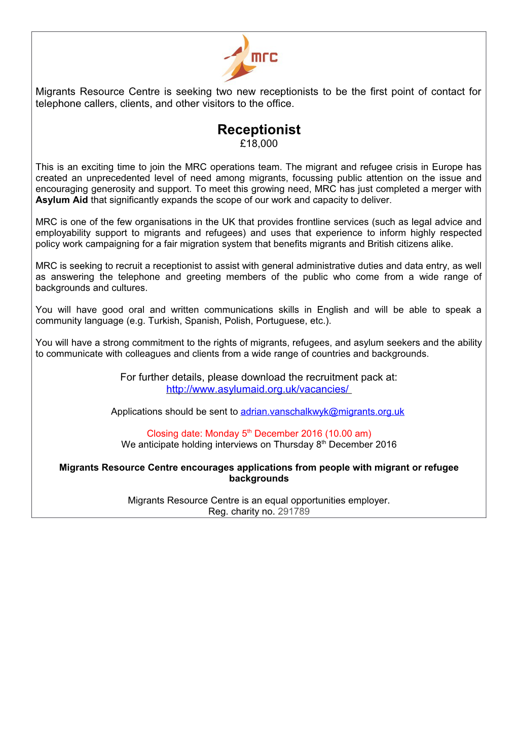 Migrants Resource Centre Is Seeking Two New Receptionists to Be the First Point of Contact