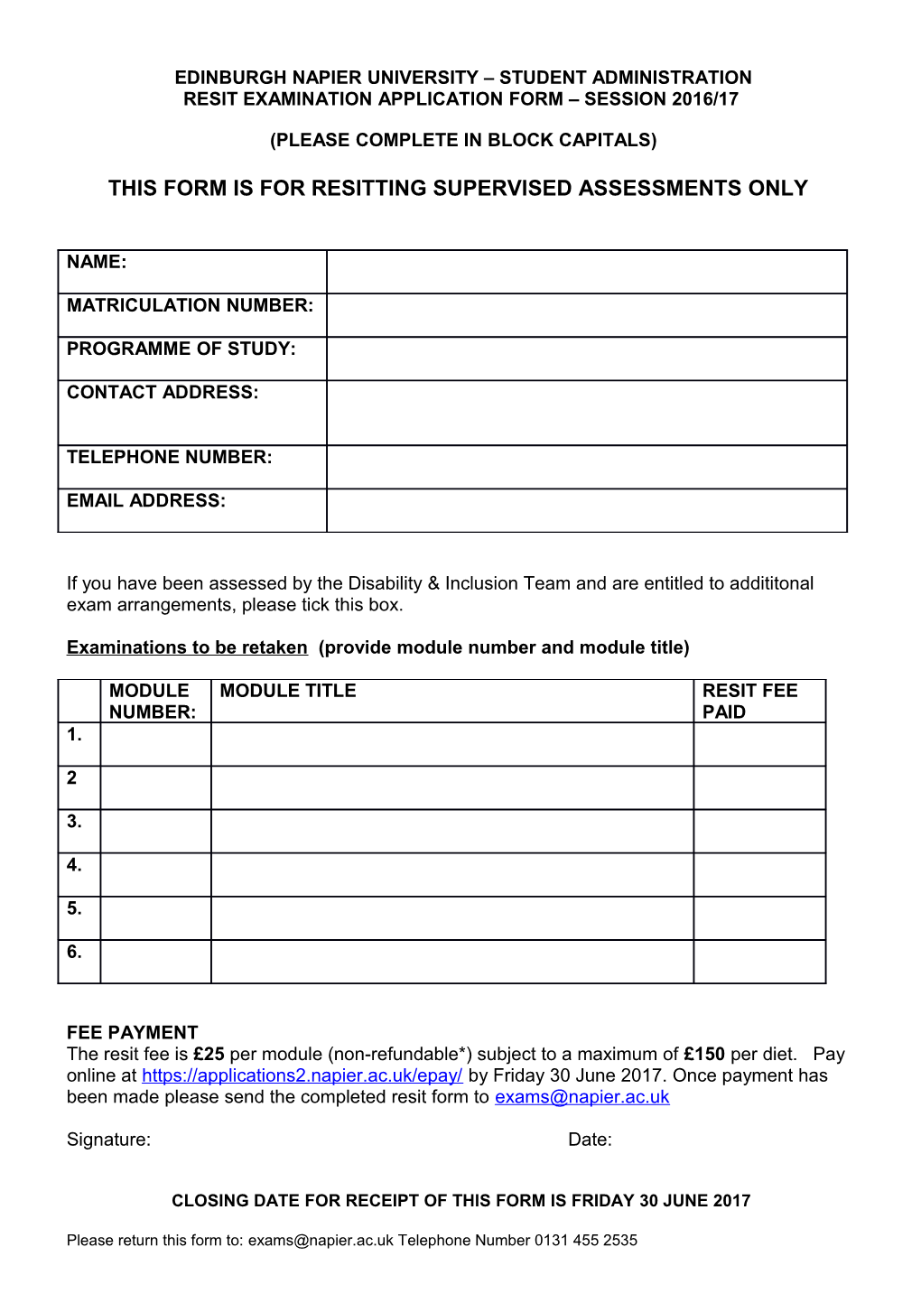 Exam Resit Form Tri 2 2015