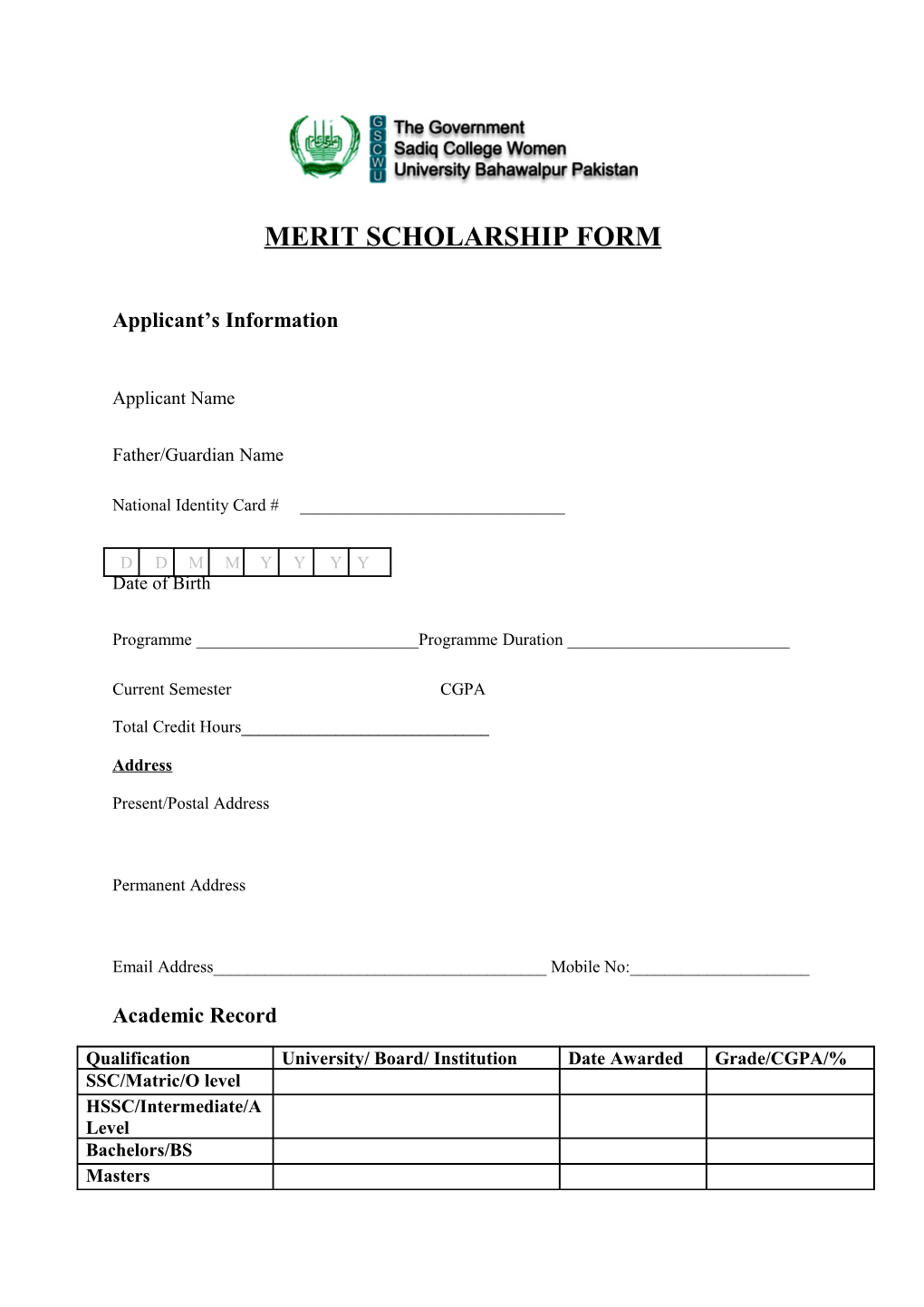 Merit Scholarship Form