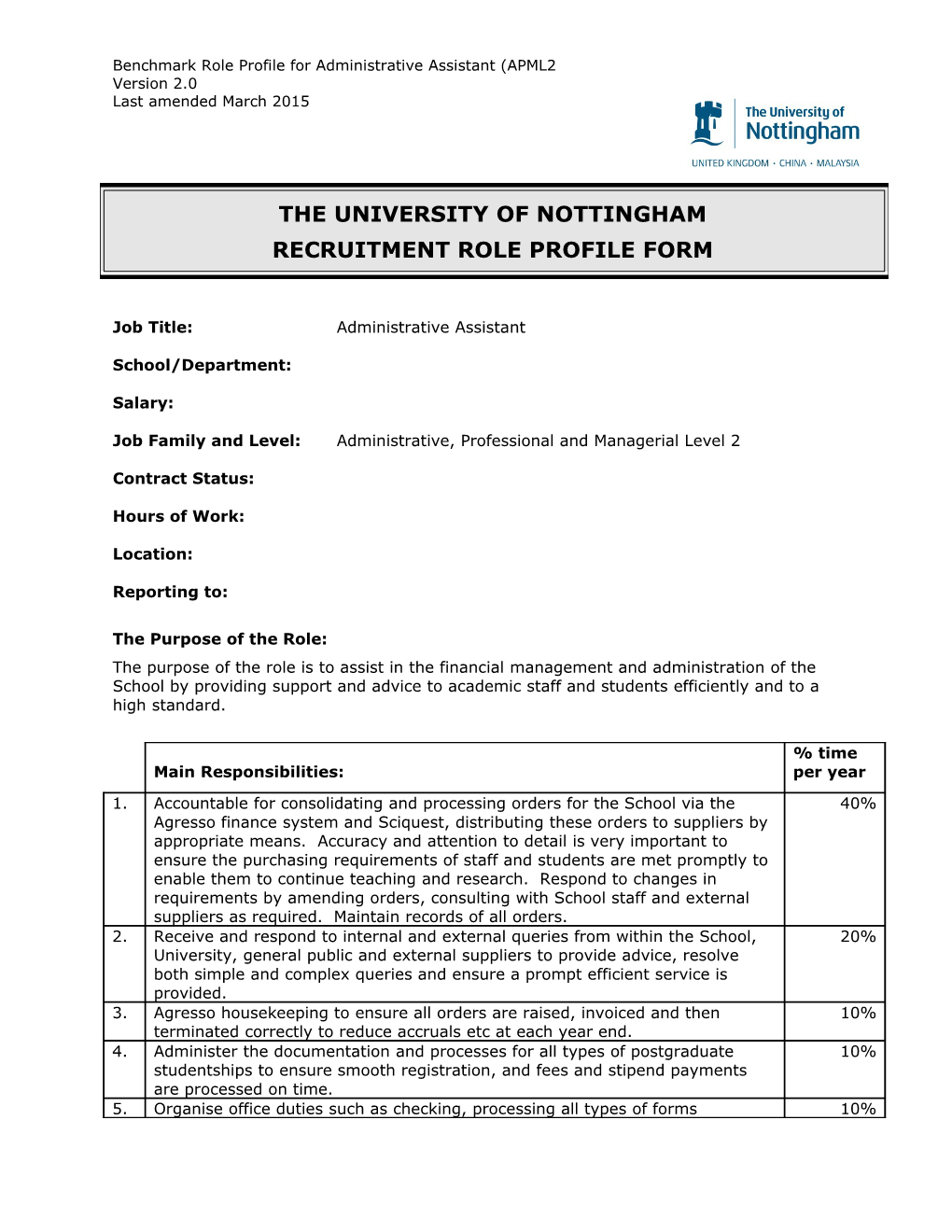 Benchmark Role Profile for Administrative Assistant (APML2