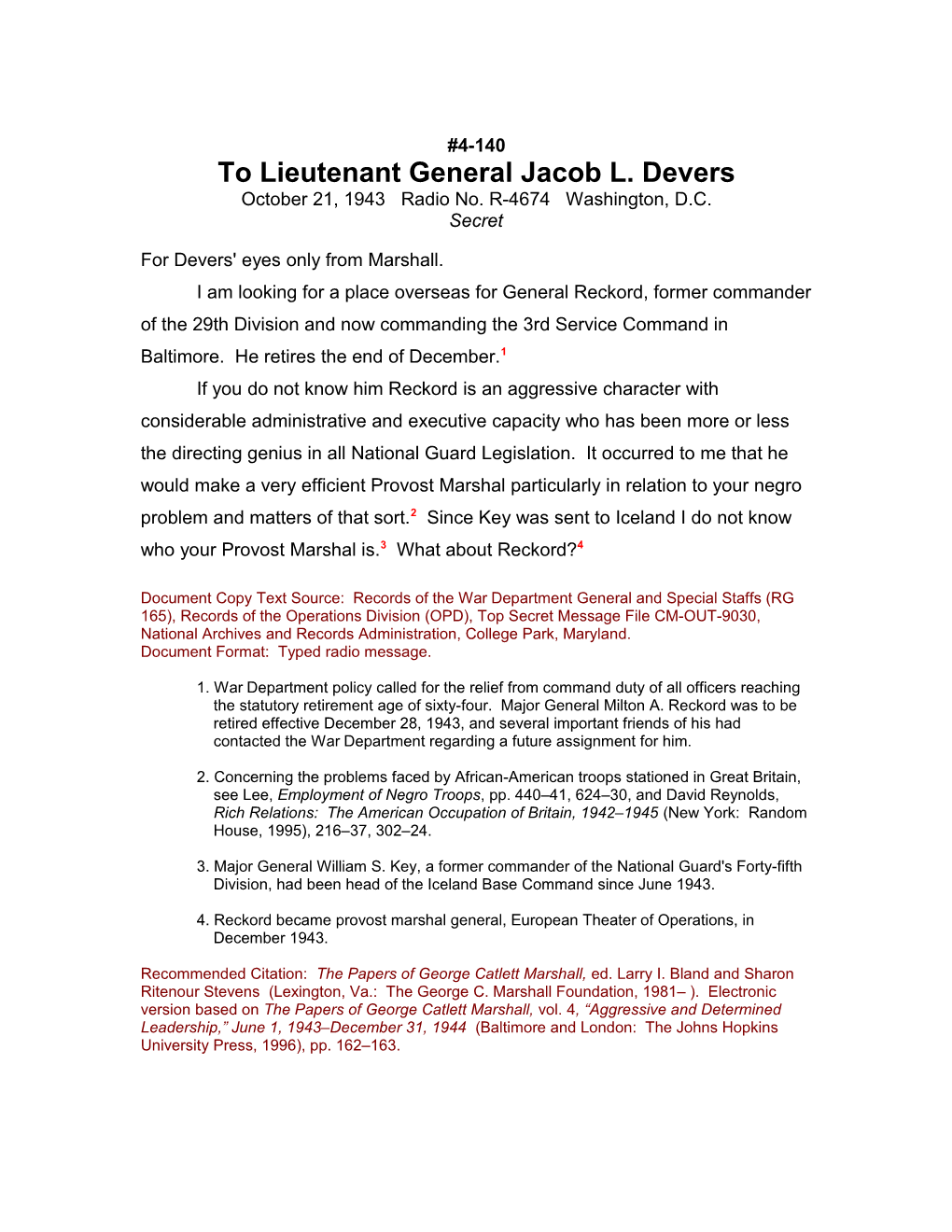 To Lieutenant General Jacob L. Devers