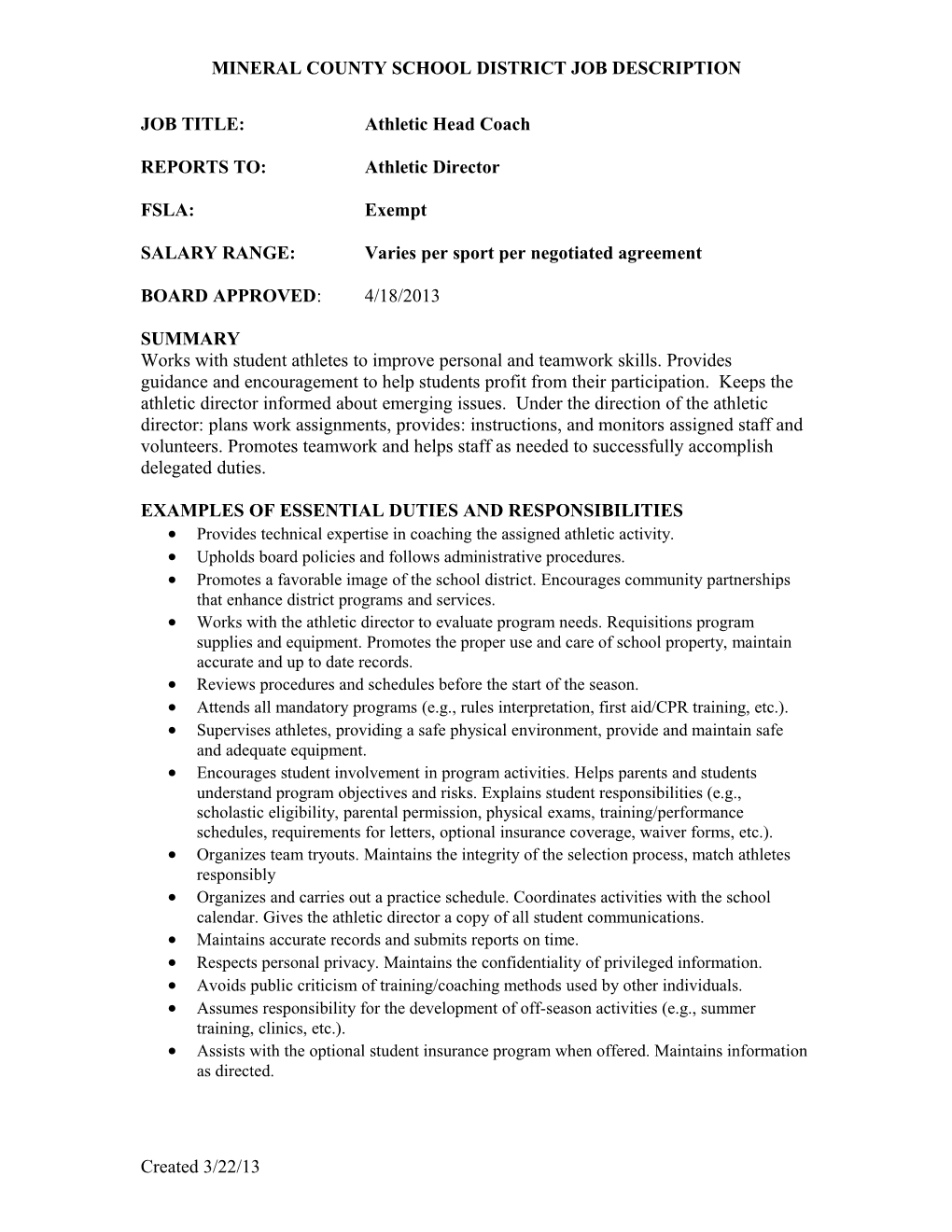 Mineralcountyschool District Job Description