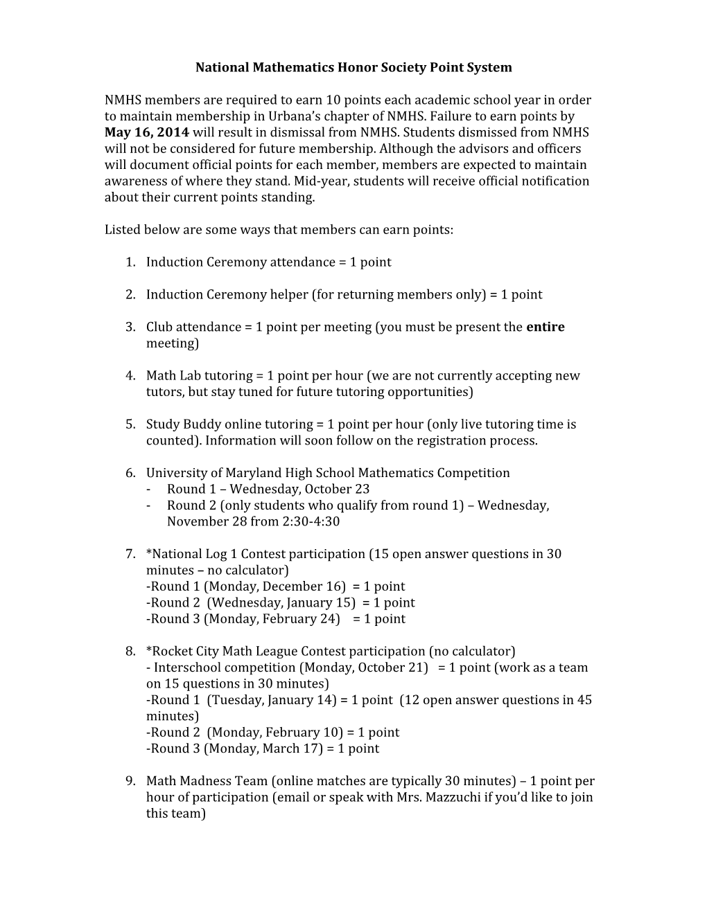 National Mathematics Honor Society Point System