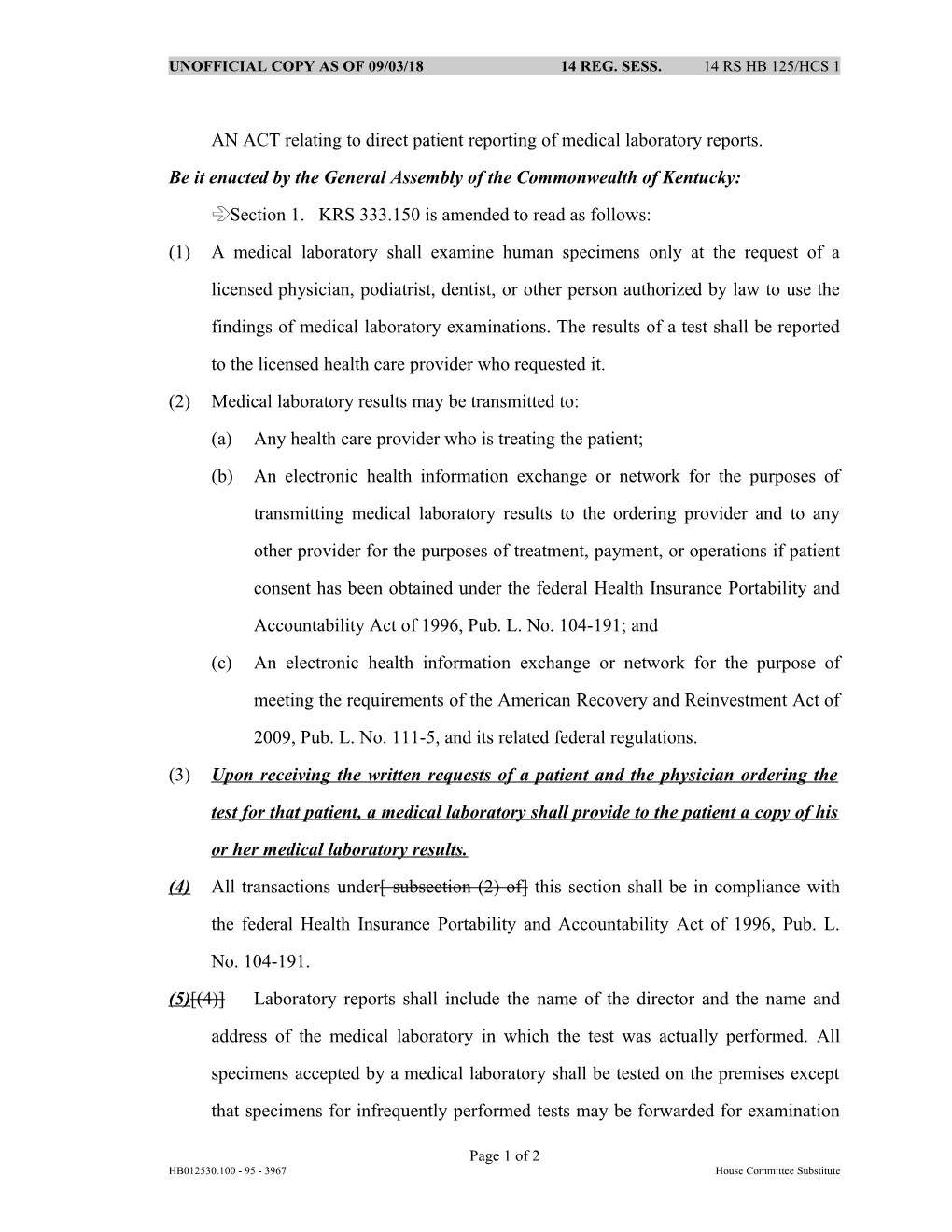 AN ACT Relating to Direct Patient Reporting of Medical Laboratory Reports