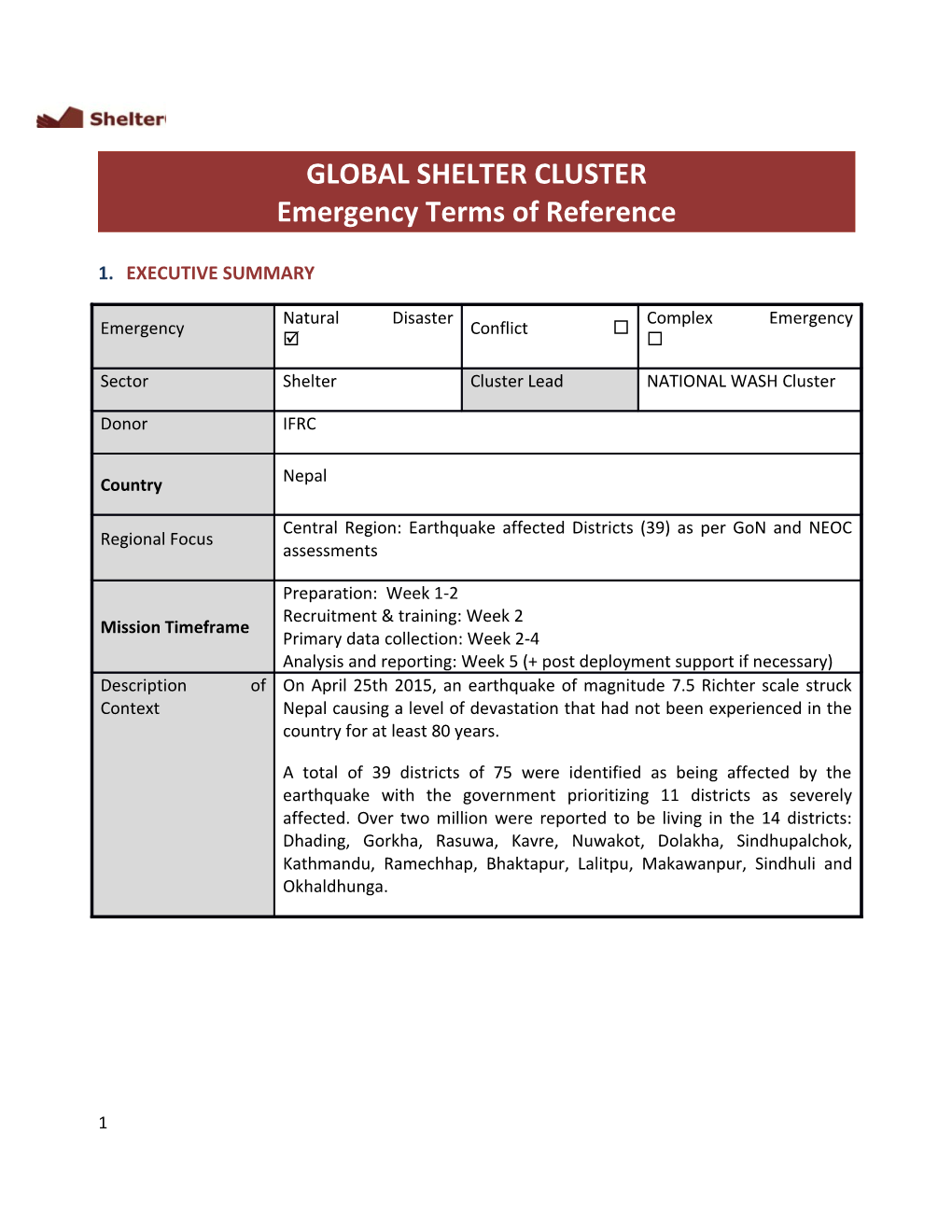 GLOBAL SHELTER CLUSTER Emergency Terms of Reference