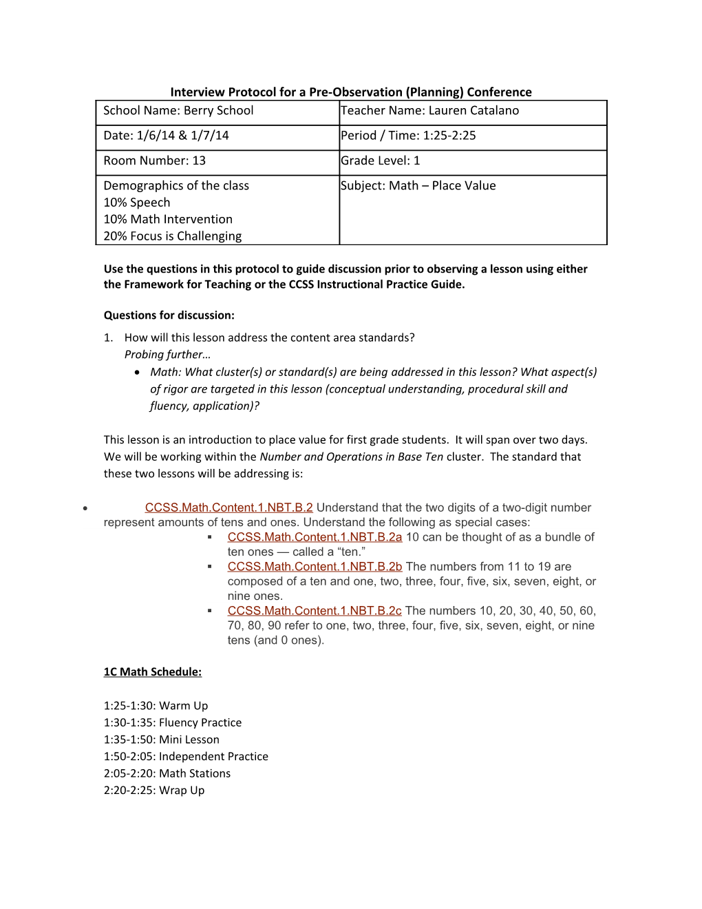 Interview Protocol for a Pre-Observation (Planning) Conference