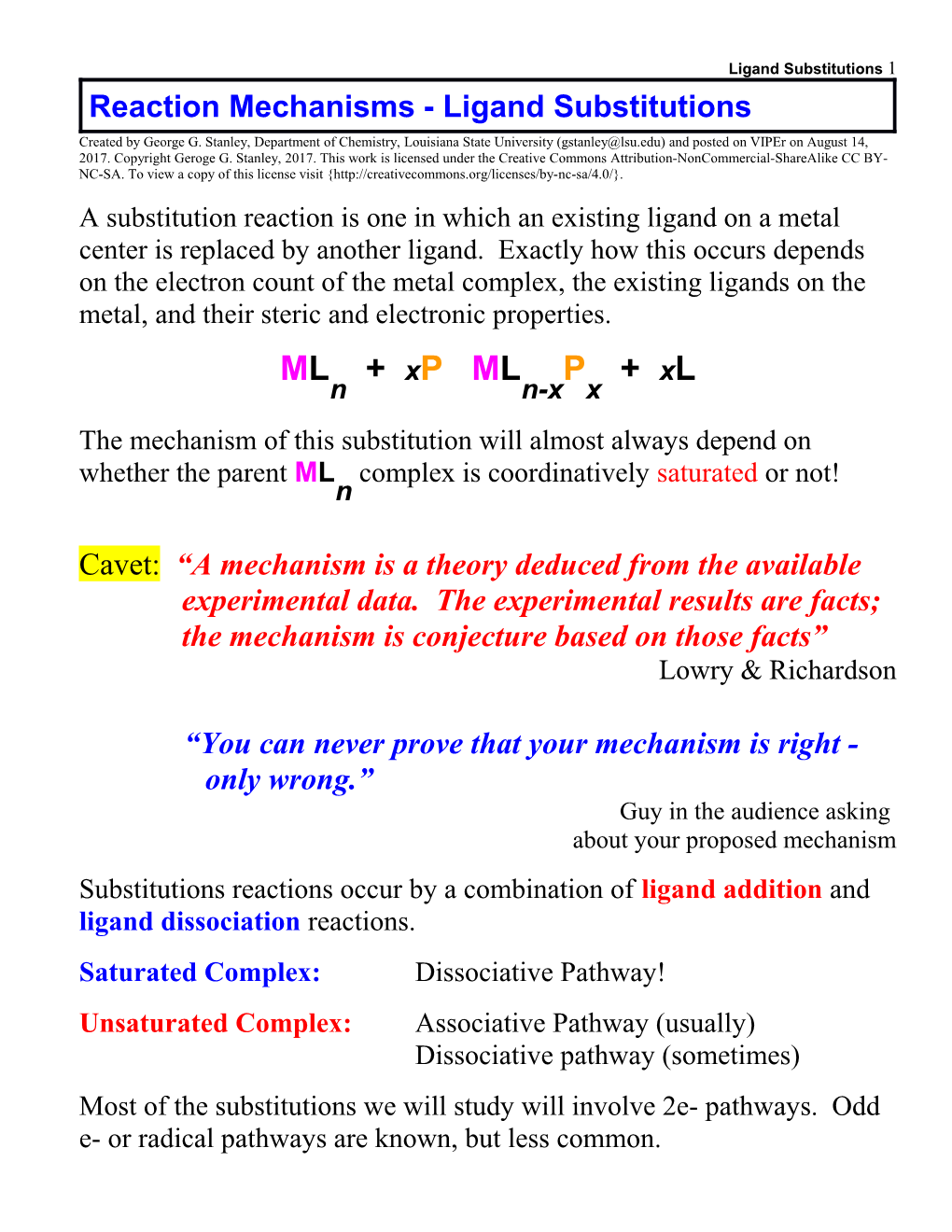 Reaction Mechanisms - Ligand Substitutions