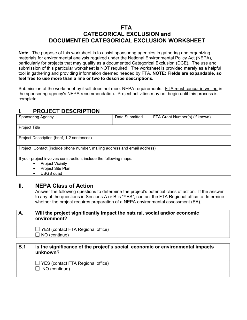Documented Categorical Exclusion Worksheet