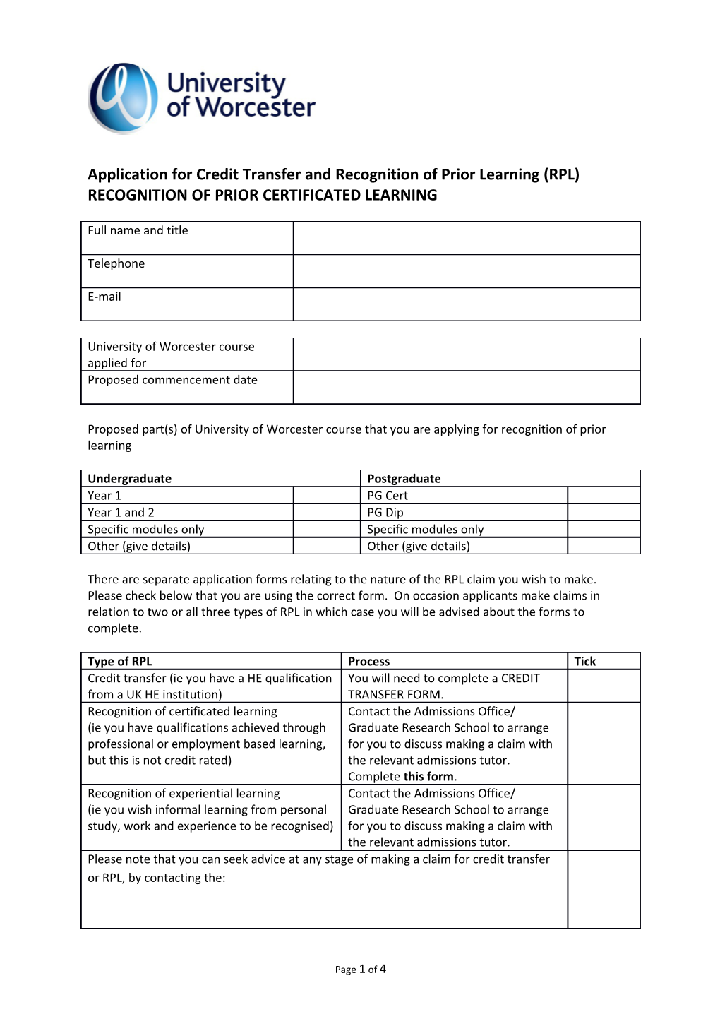 Application for Credit Transfer and Recognition of Prior Learning (RPL)
