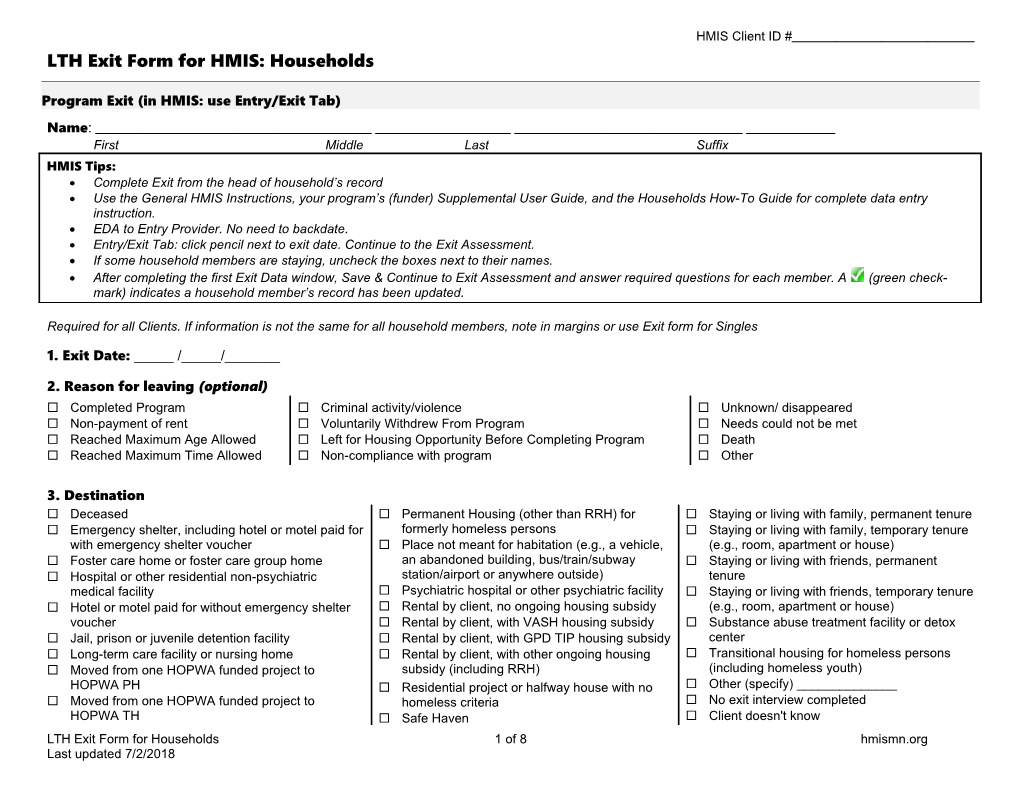 Lthexit Form for HMIS: Households