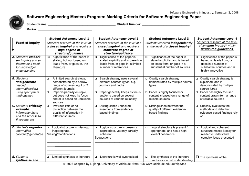 Software Engineering Masters Program: Marking Criteria for Software Engineering Paper