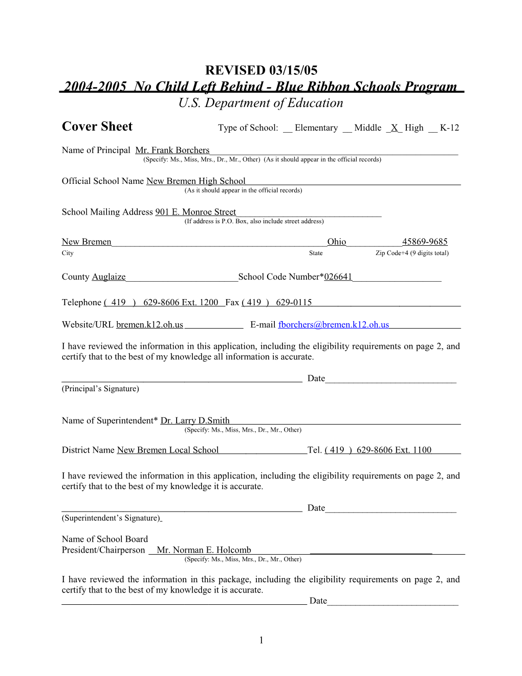 New Bremen High School Application: 2004-2005, No Child Left Behind - Blue Ribbon Schools