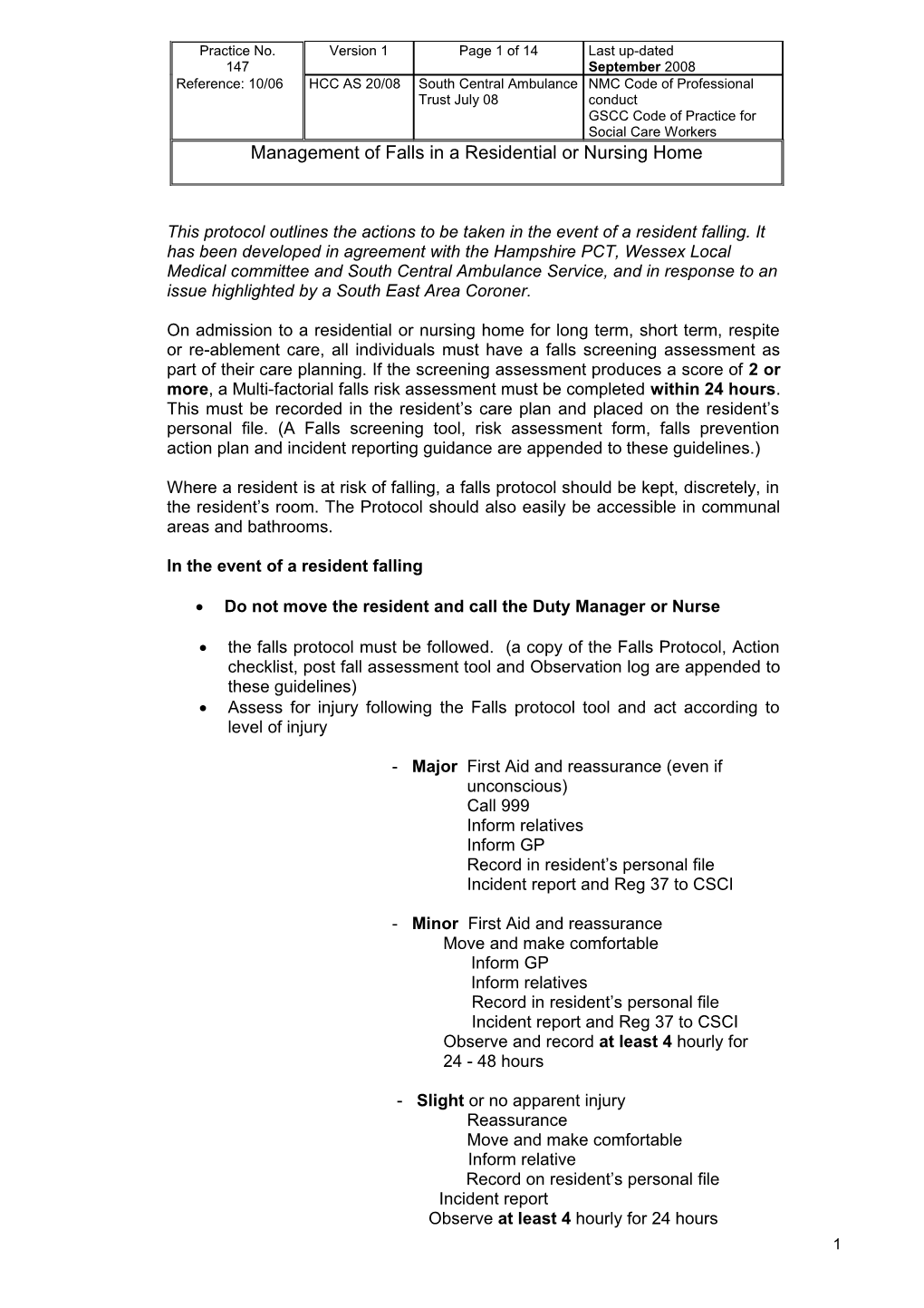 Management of Falls in a Residential Or Nursing Home