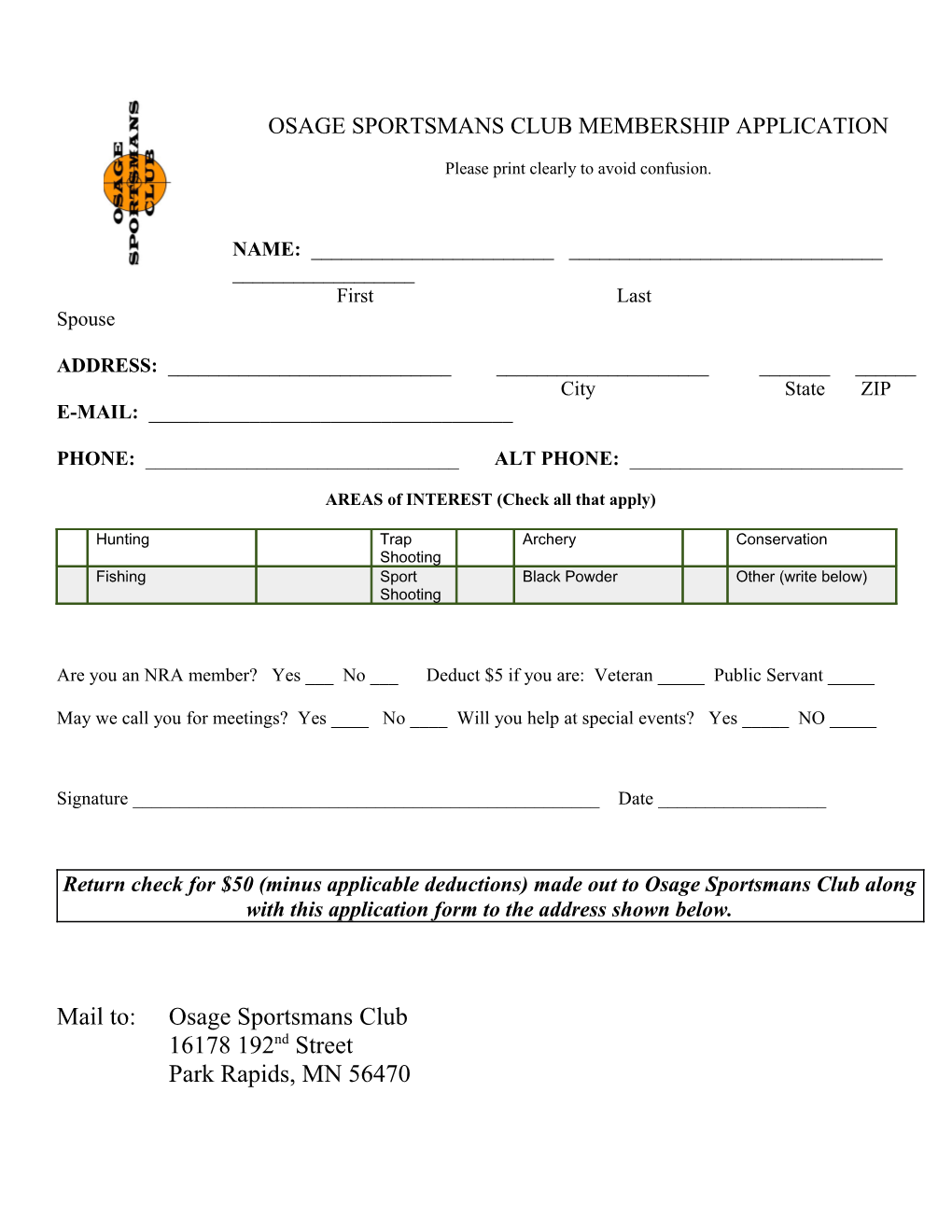 Osage Sportsmans Club Membership Application