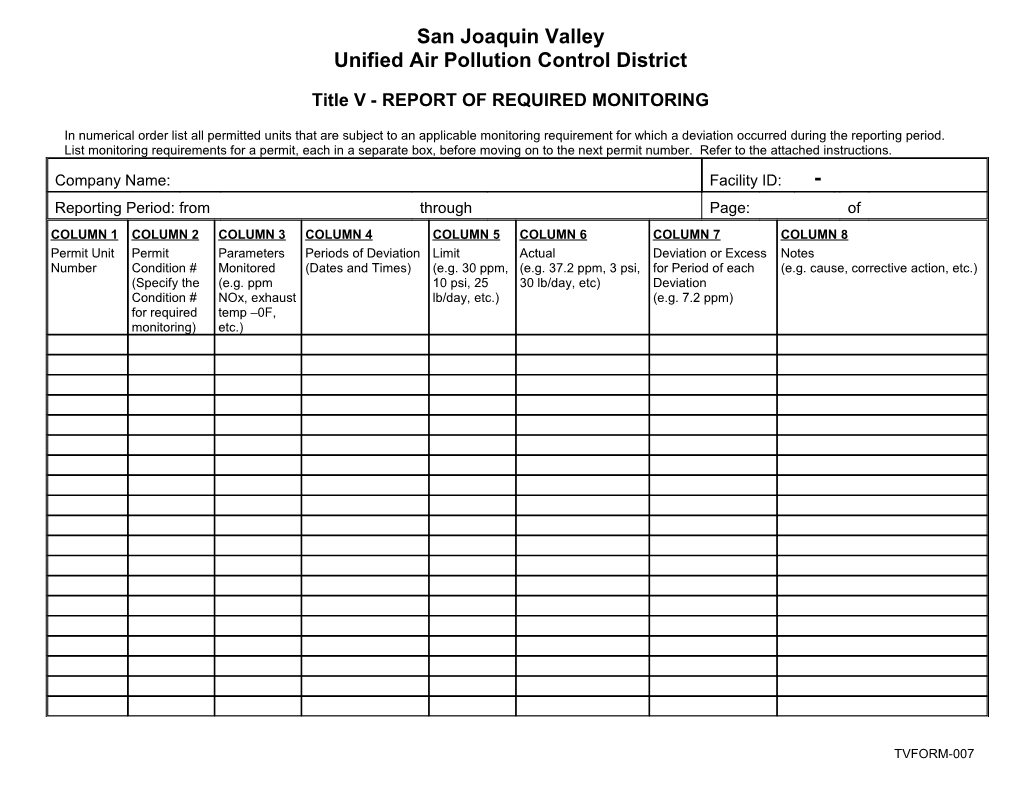 Title V - Report of Required Monitoring - Deviation Form