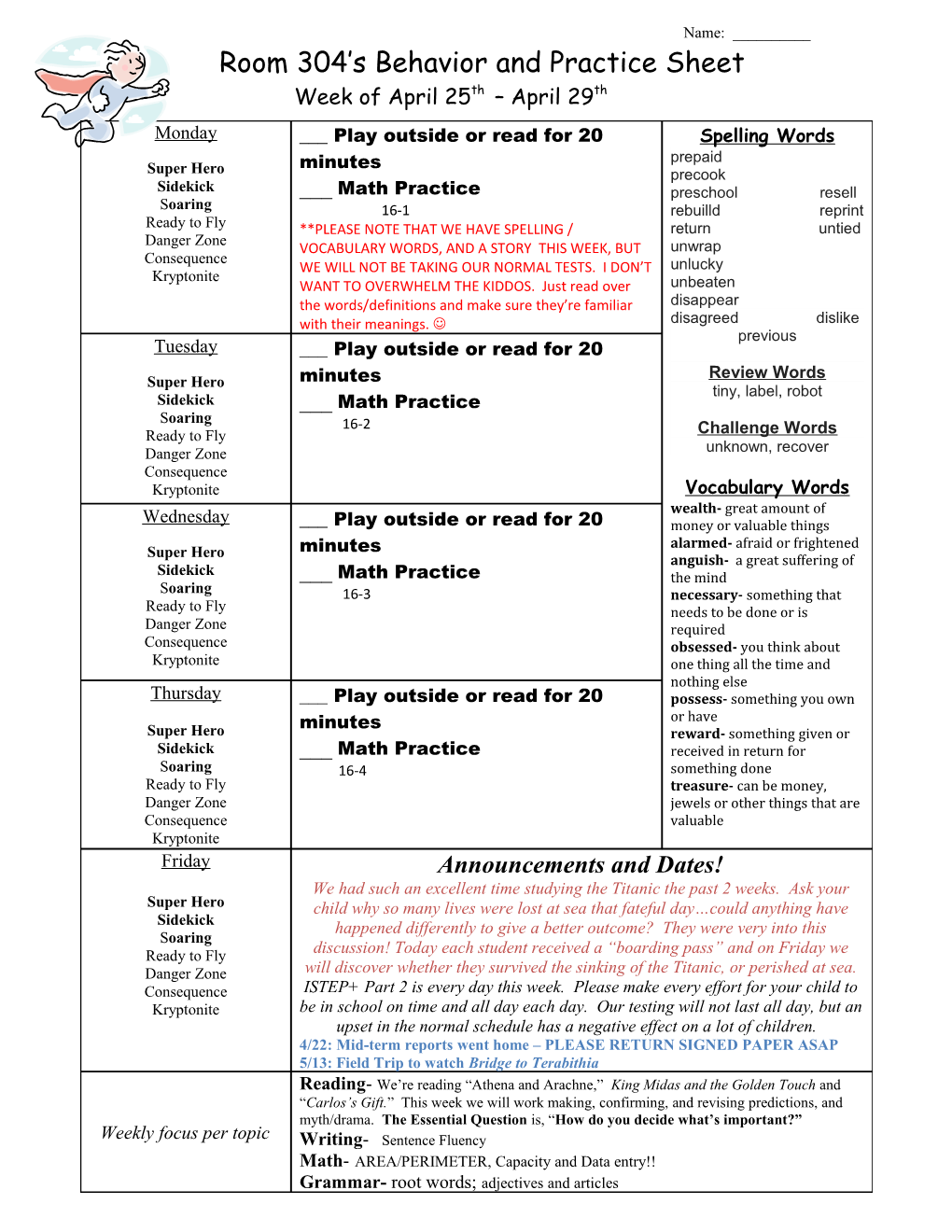 Room 304 S Behavior and Practice Sheet s1