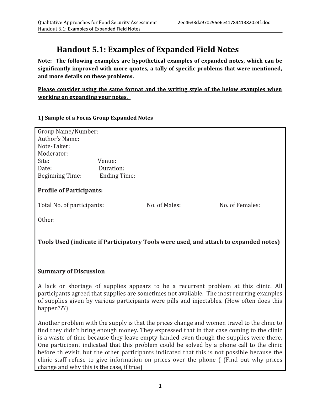 Qualitative Approaches for Food Security Assessment 5.1-Examples of Expanded Field Notes