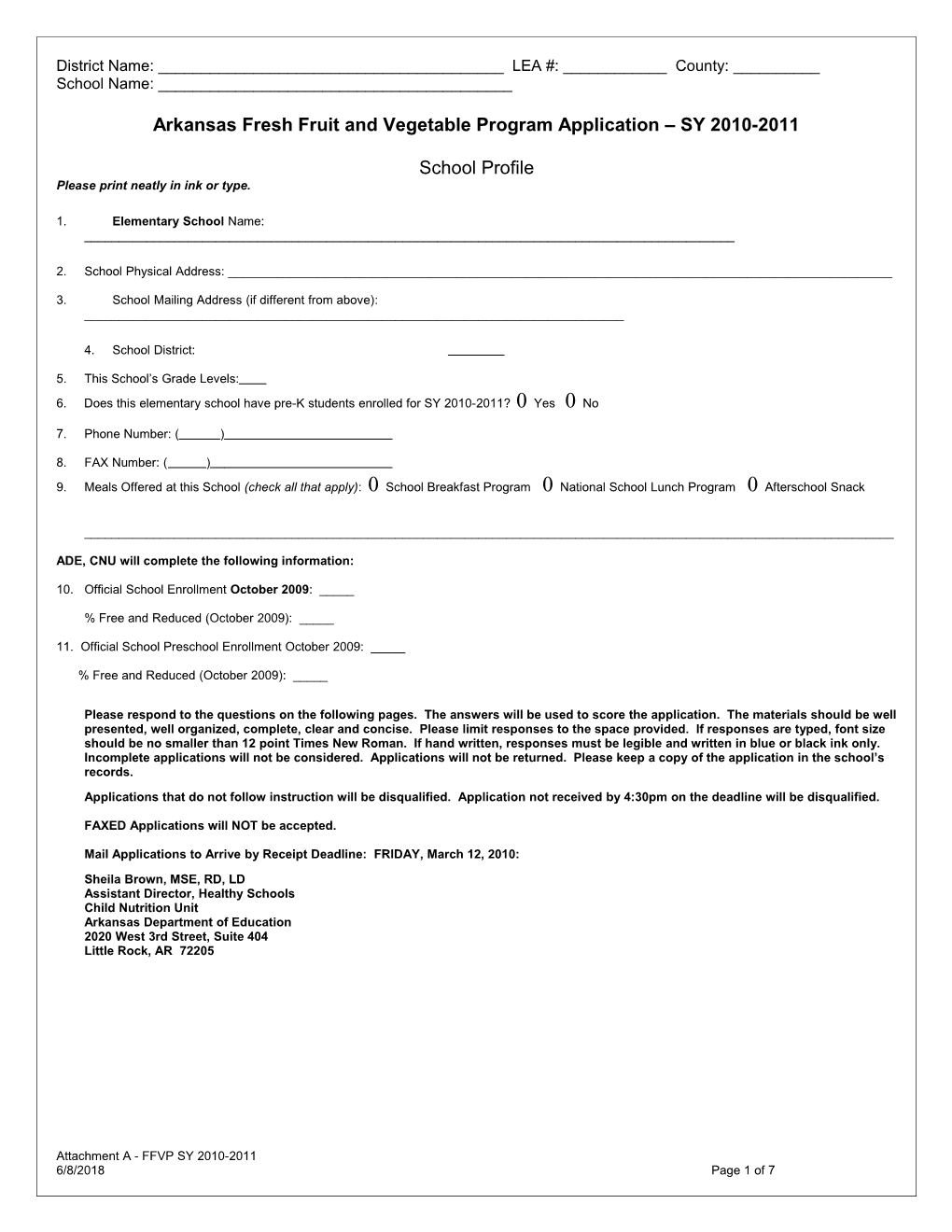 Arkansas Fresh Fruit and Vegetable Program Application SY 2008-09