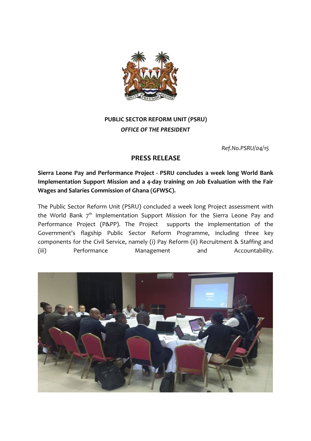 Sierra Leone Pay and Performance Project - PSRU Concludes a Week Long World Bank Implementation