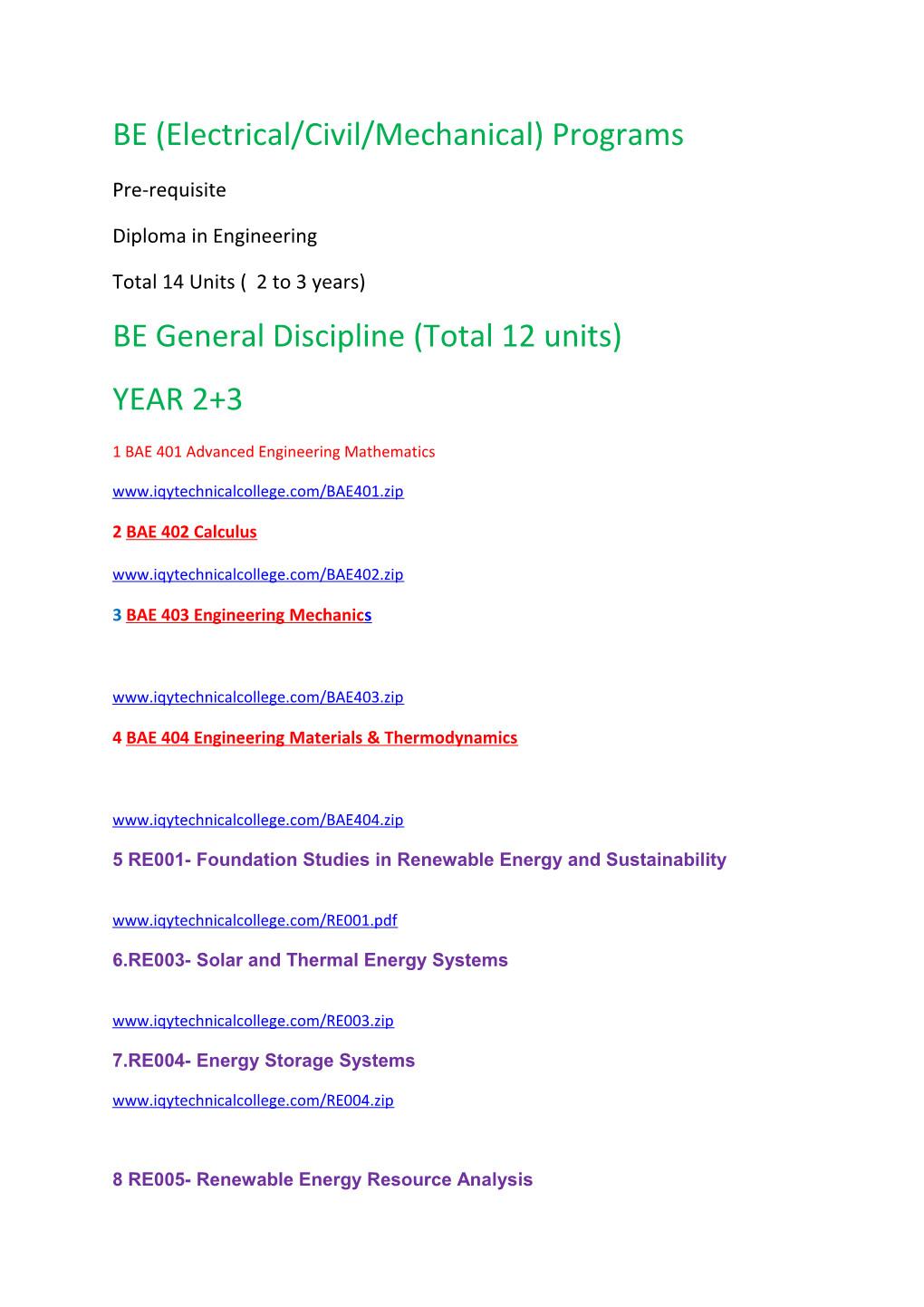 BE (Electrical/Civil/Mechanical) Programs