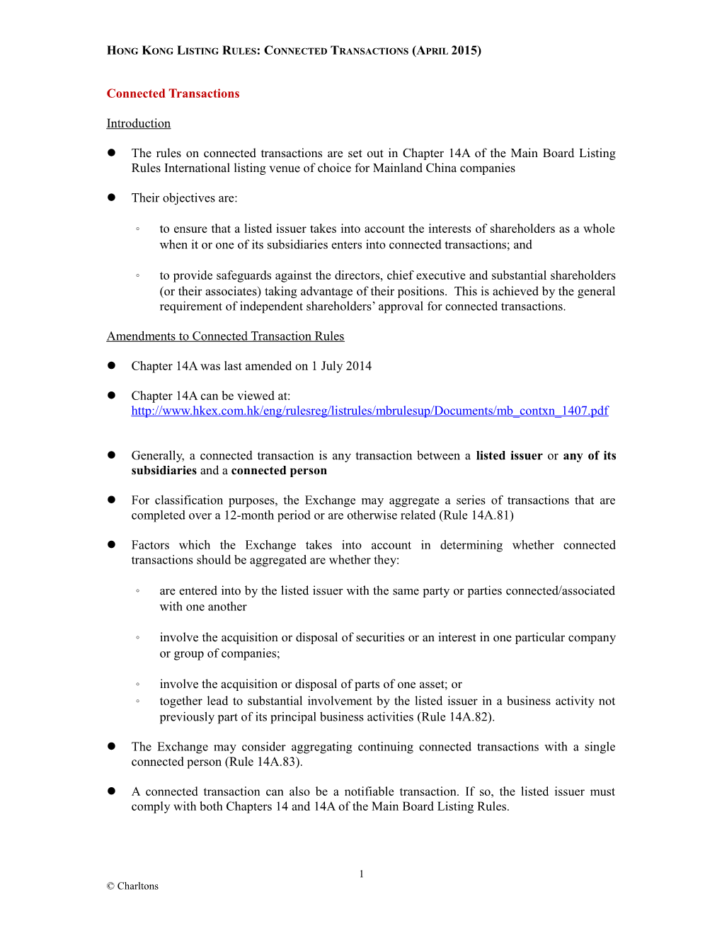 Hong Kong Listing Rules: Connected Transactions (April 2015)