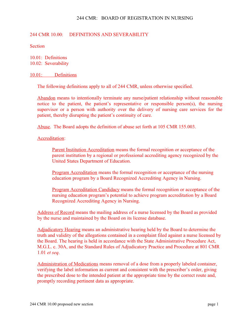 244 Cmr: Board of Registration in Nursing