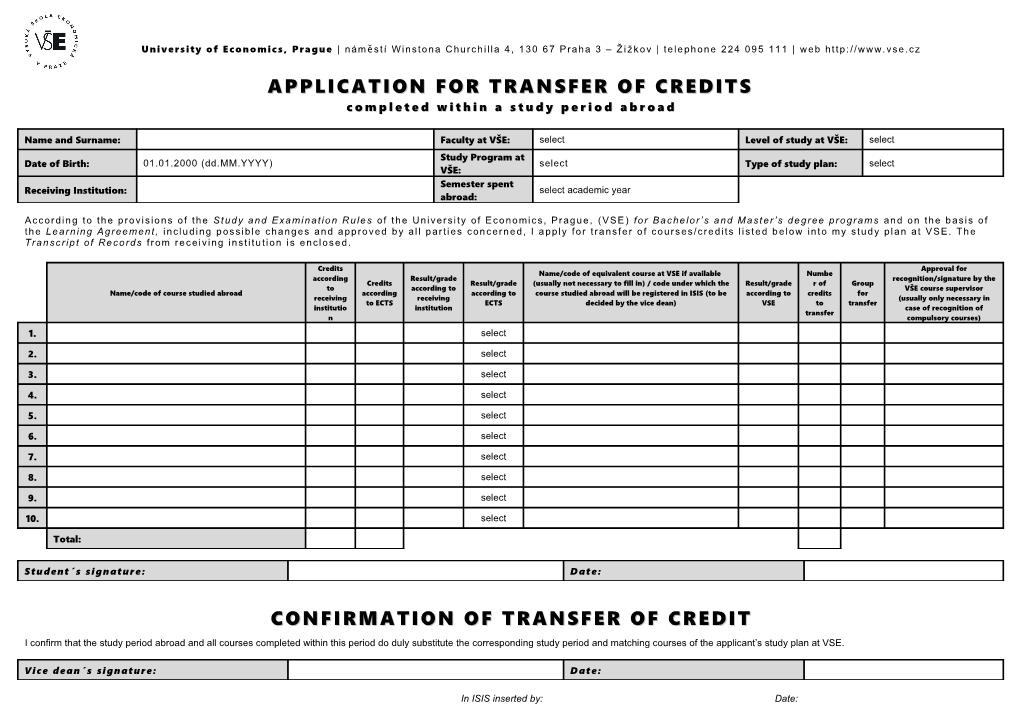 APPLICATION for TRANSFER of CREDITS Completed Within a Study Period Abroad