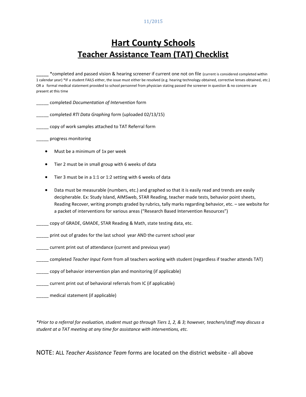 Teacher Assistance Team (TAT) Checklist