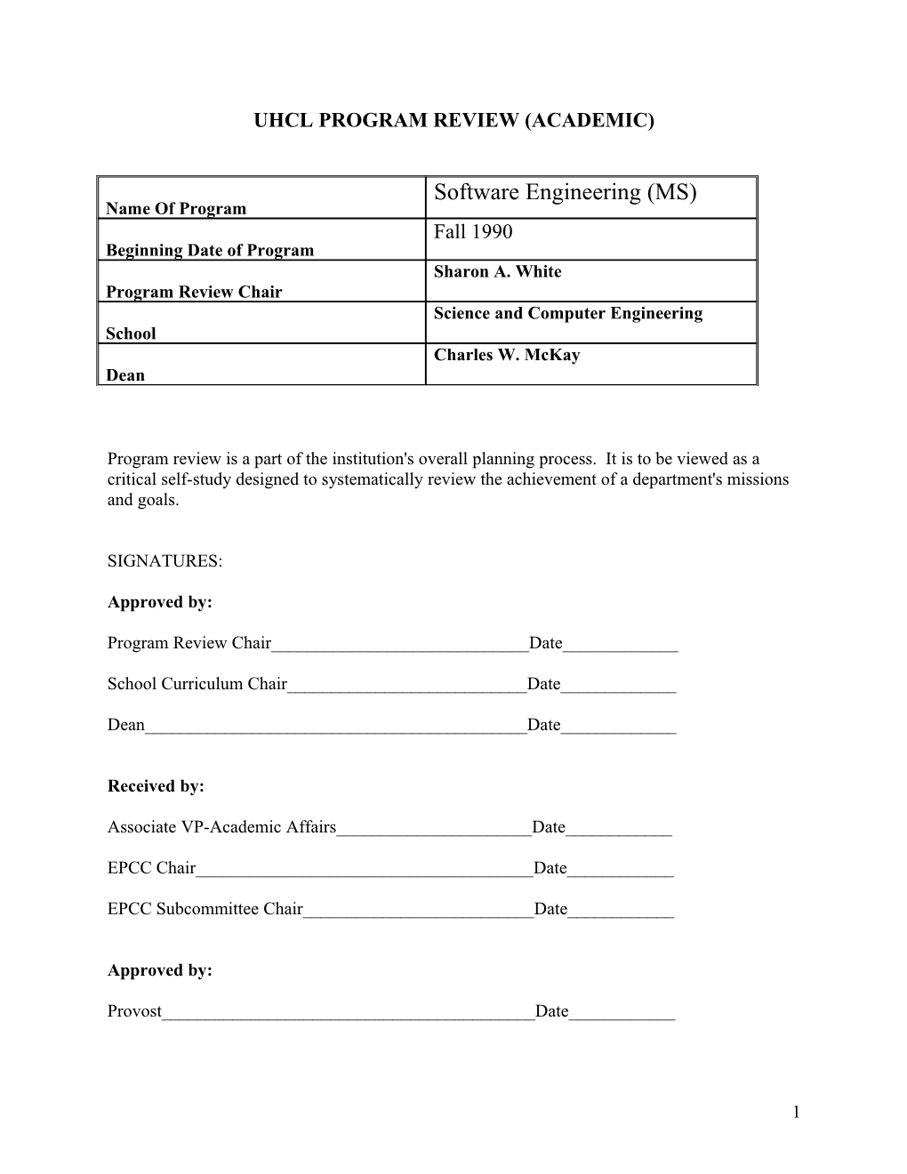 Uhcl Program Review (Academic)