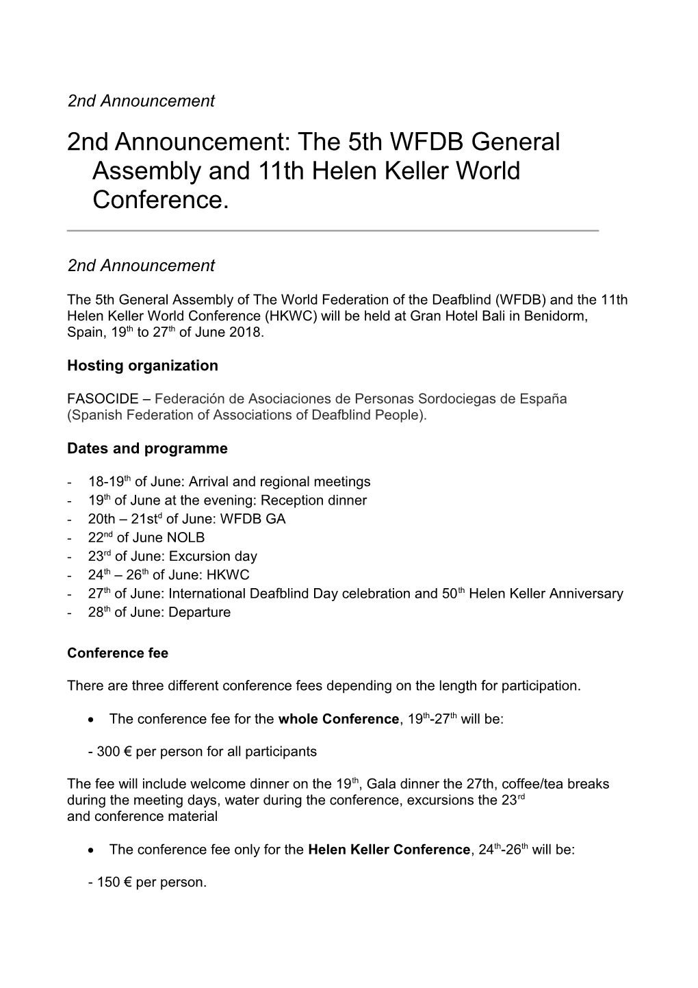 2Nd Announcement: the 5Th WFDB General Assembly and 11Th Helen Keller World Conference